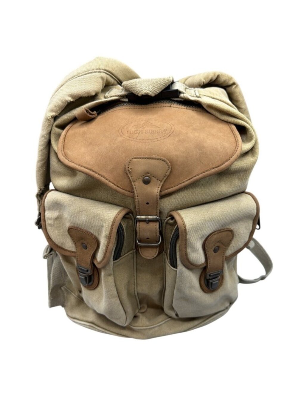 High Sierra Vintage Canvas Leather Rucksack Backpack Tan Brown Hiking Travel Bag